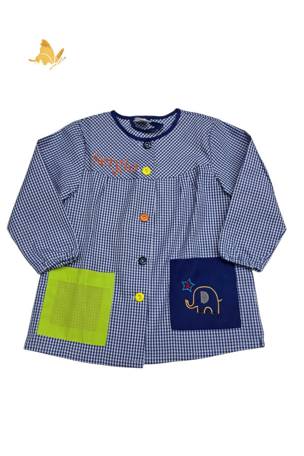 Babi para cole en azul de vichy sin cuello y bolsillos de colores