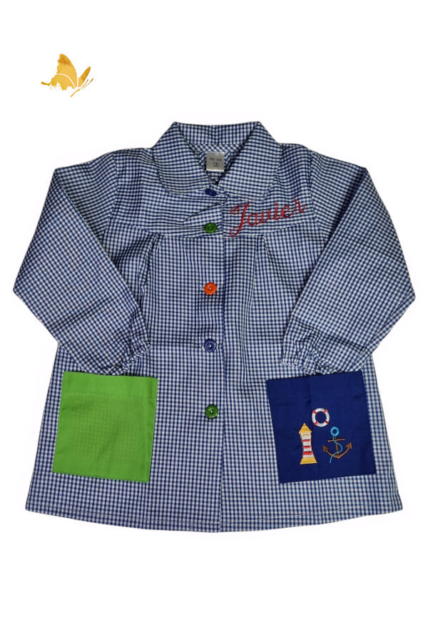 Babi azul de vichy personalizado con cuello, bolsillos y botones de colores y goma en las mangas