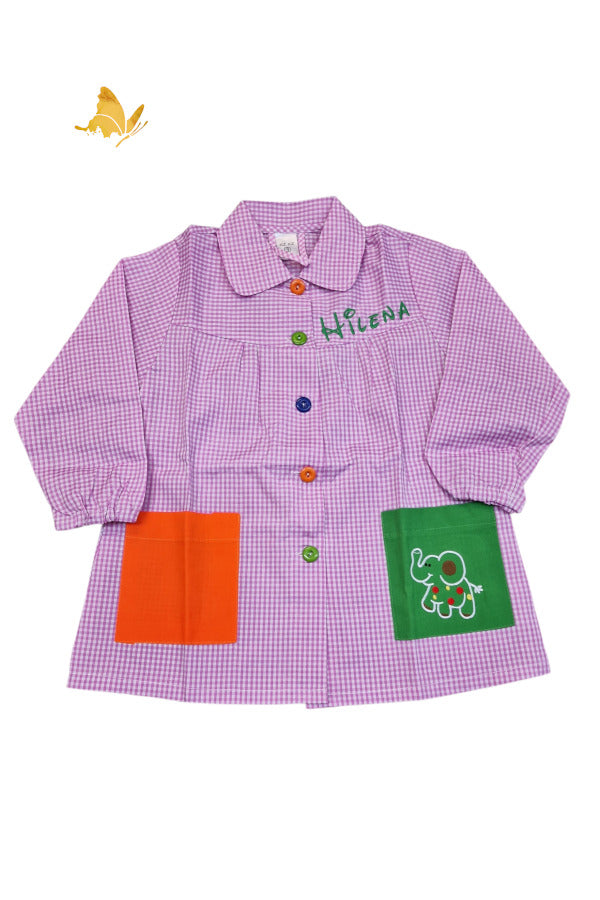 Babi rosa personalizado de vichy con botones de colores, cuello y goma en las mangas
