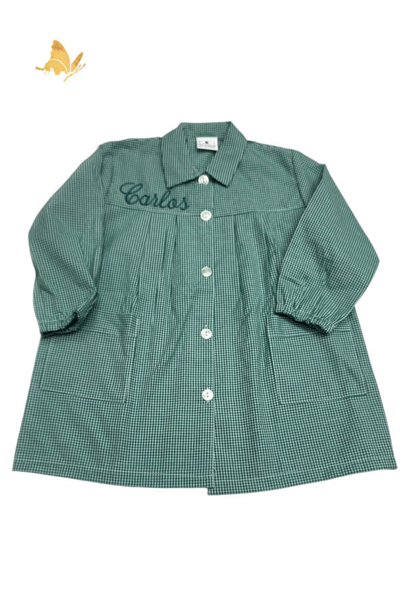 Babi de vichy verde personalizado con cuello, botones delanteros y dos bolsillos