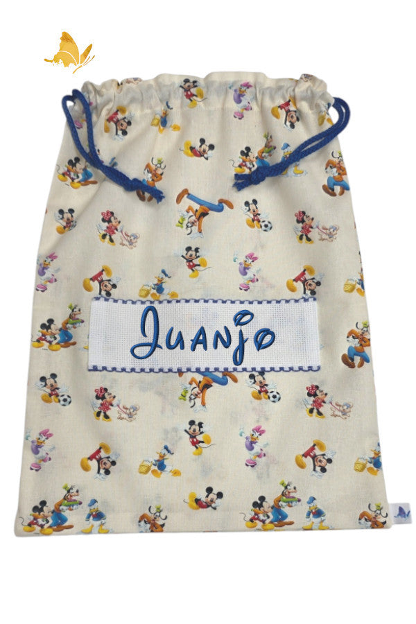 Bolsa de merienda bordada con dibujos Disney azul personalizada con nombre para guardería