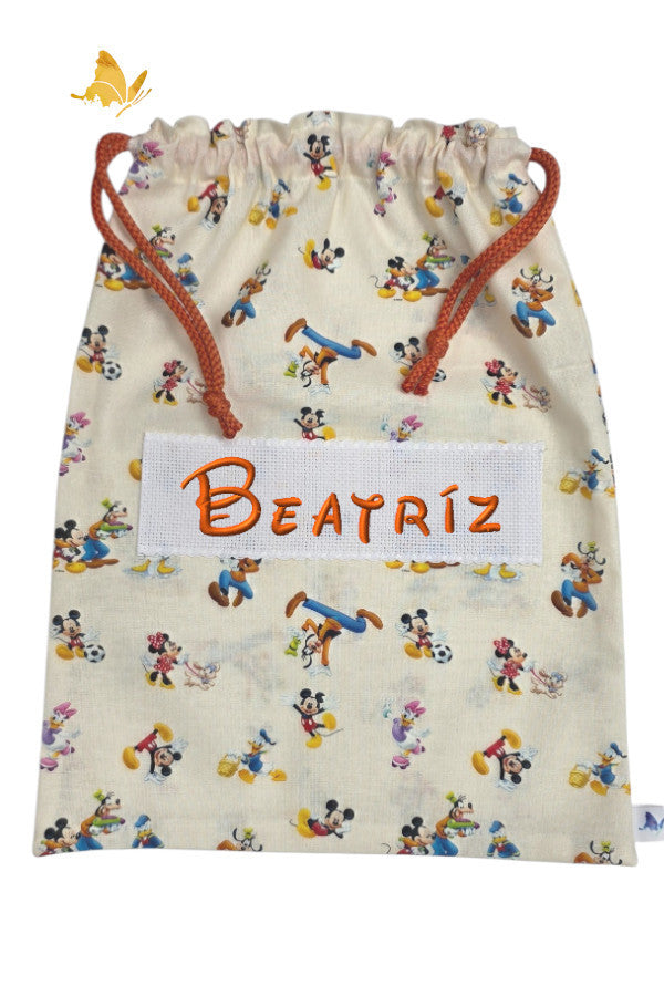 Bolsa de merienda bordada con dibujos Disney naranja personalizada con nombre para guardería