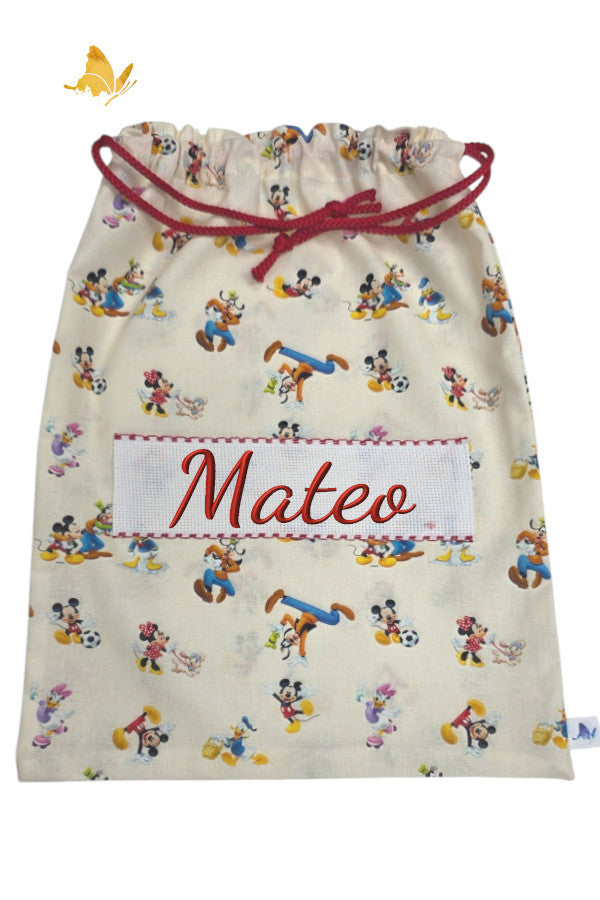 Bolsa de merienda bordada con dibujos Disney roja personalizada con nombre para guardería