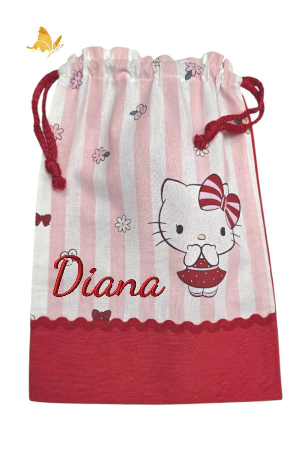 Bolsa merienda bordada gatita con nombre personalizado, algodón 100%, guardería
