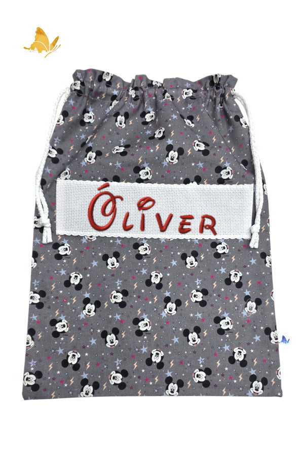 Bolsa merienda bordada Mickey gris con nombre personalizado, algodón 100%, guardería