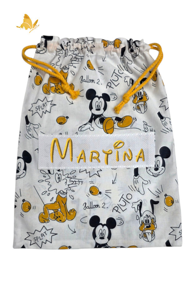 Bolsa de merienda bordada con Mickey y Pluto personalizada con nombre para guardería