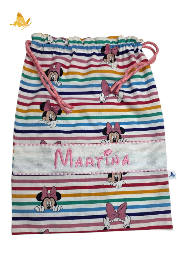 Bolsa de merienda bordada con Minnie de rayas personalizada con nombre para guardería