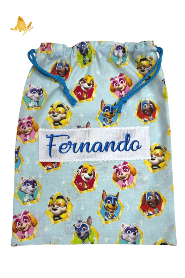 Bolsa de merienda bordada con Patrulla Canina azul personalizada con nombre para guardería