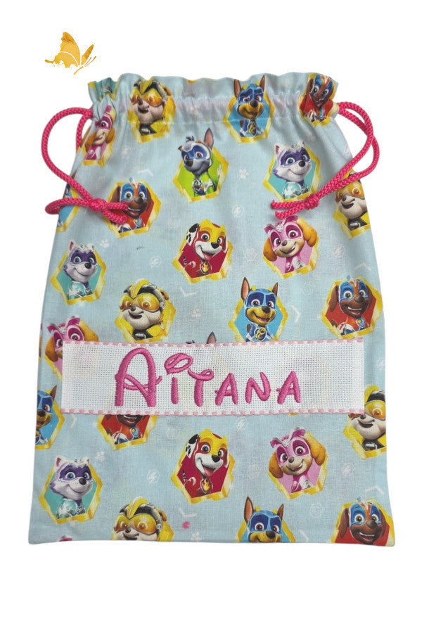 Bolsa de merienda bordada con Patrulla Canina rosa personalizada con nombre para guardería