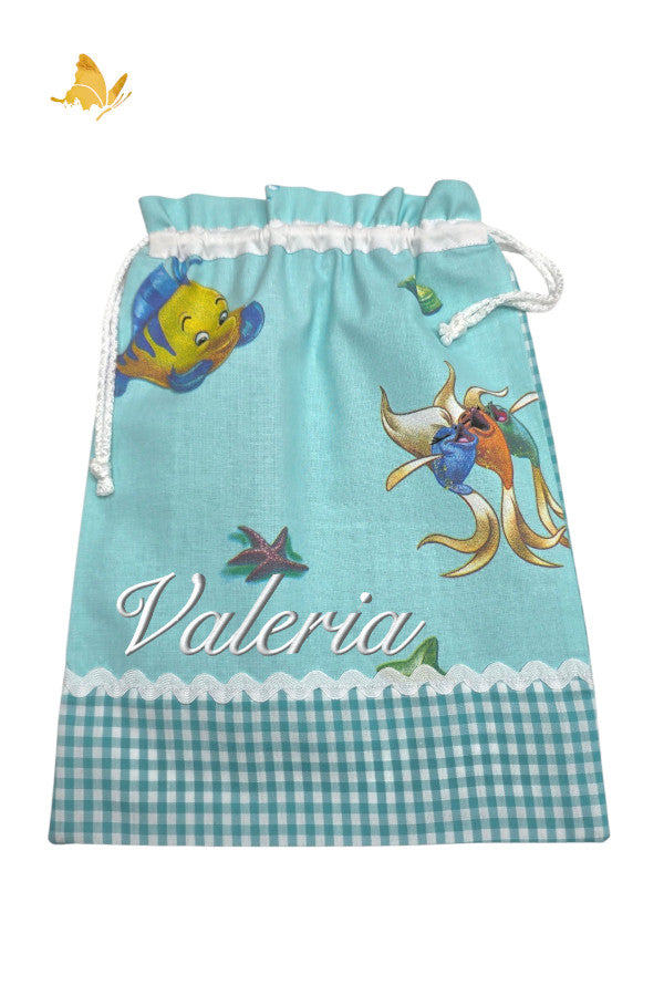 Bolsa merienda bordada peces tela verde menta con nombre personalizado, algodón 100%, guardería