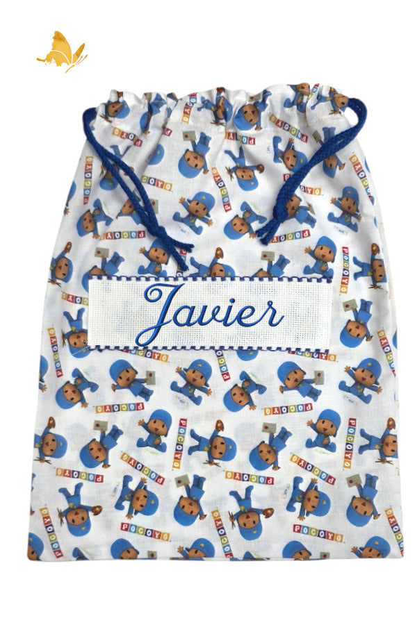 Bolsa de merienda bordada con Pocoyo personalizada con nombre para guardería