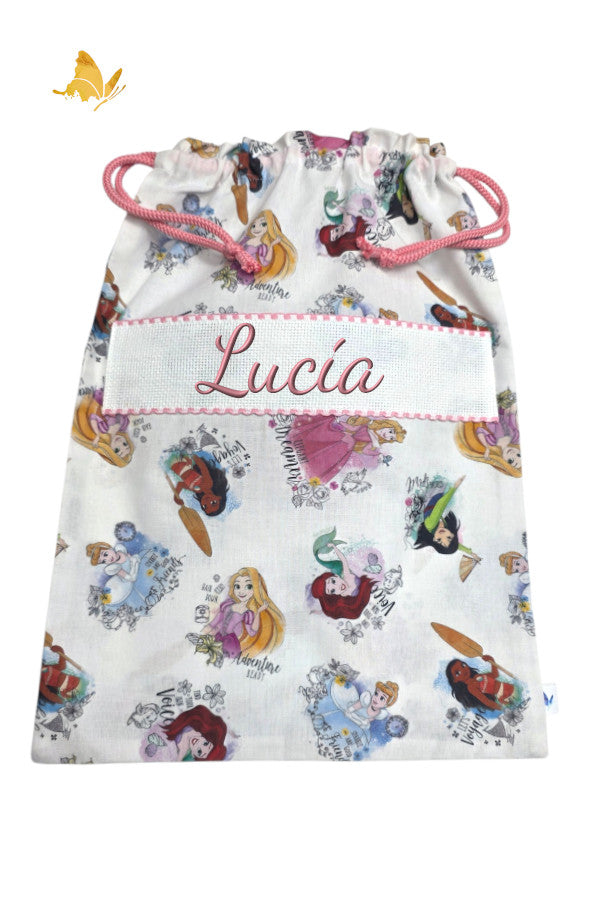 Bolsa merienda bordada princesa con nombre personalizado, algodón 100%, guarderí­a