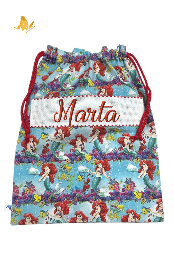 Bolsa merienda bordada sirenita con nombre personalizado, algodón 100%, guardería