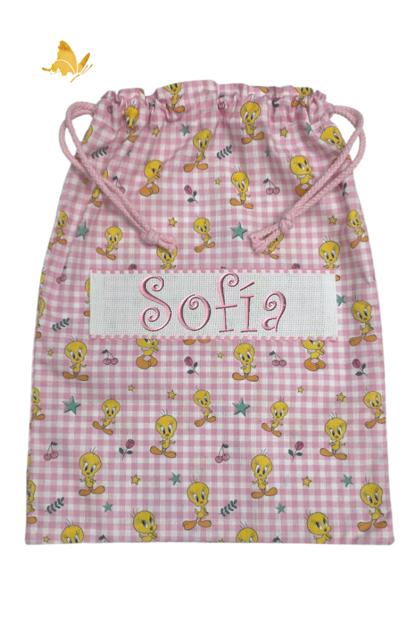 Bolsa de merienda bordada con Tweety personalizada con nombre para guardería