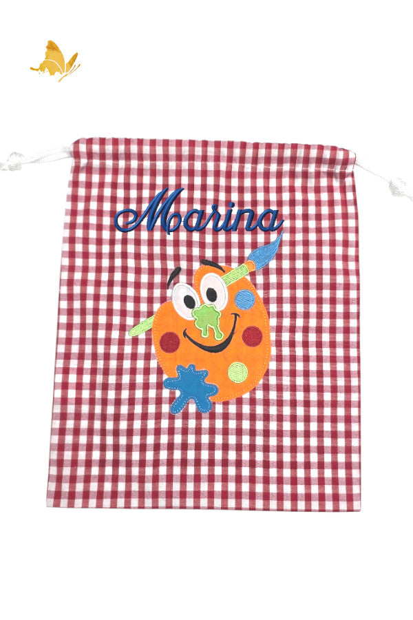 Bolsa merienda personalizada vichy rojo pintor con nombre bordado, algodón 100%, guardería