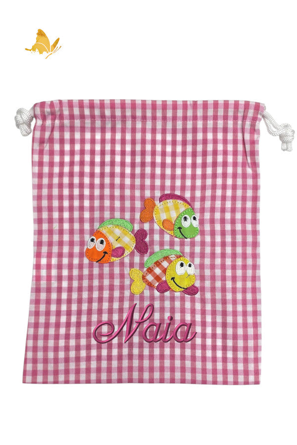 Bolsa merienda vichy rosa bordada con peces y nombre personalizado, algodón 100%, guardería