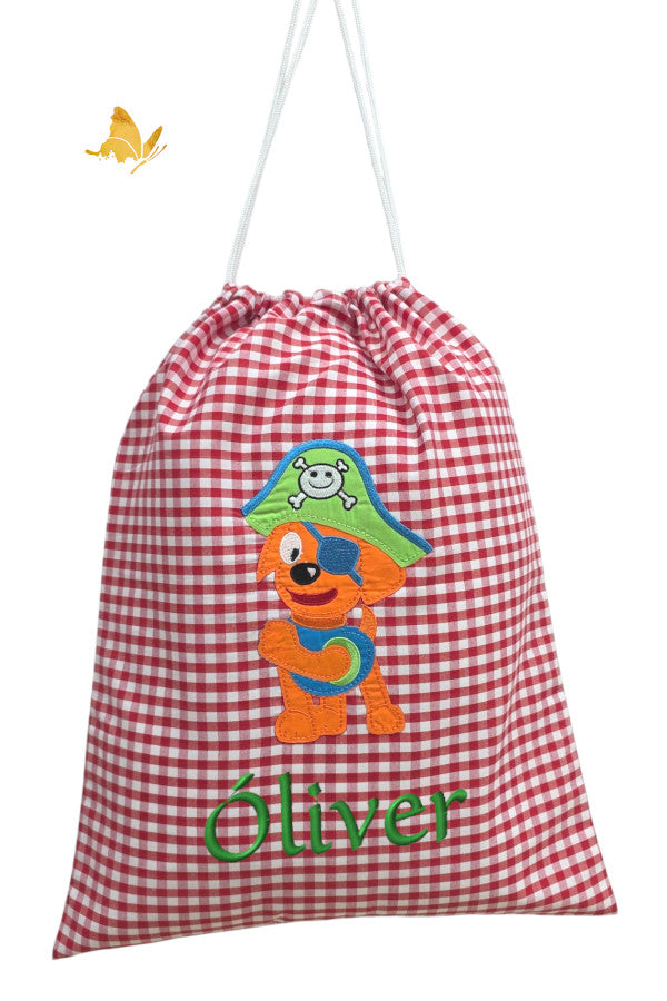 Bolsa ropita guardería vichy roja con nombre bordado y perro pirata, dos asas, 35x44 cm
