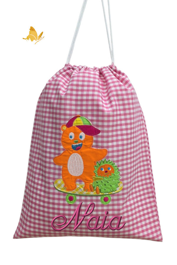 Bolsa ropita guardería vichy rosa con nombre bordado y osito, dos cuerdas, 35x44 