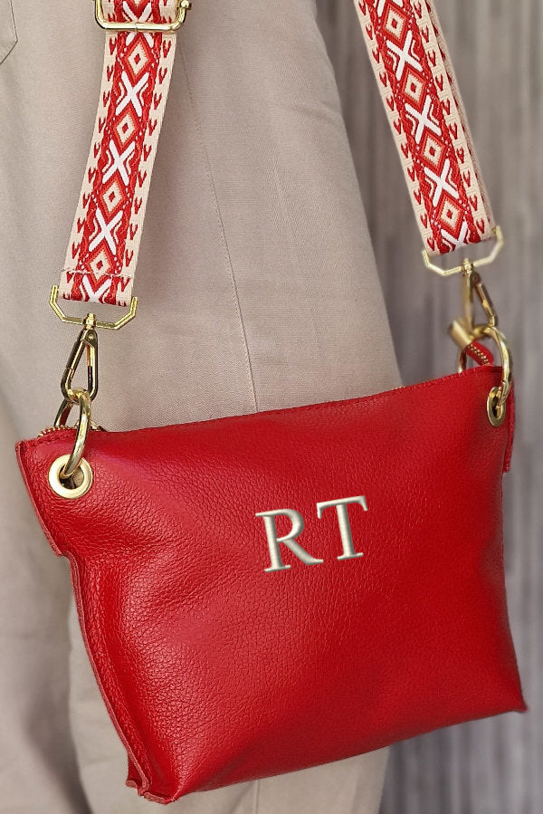 Bolso rojo de piel personalizado con asa étnica