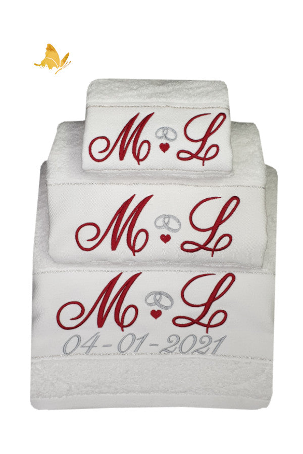 Juego de toallas de boda bordadas con motivo alianzas personalizado - Bordados de Tania