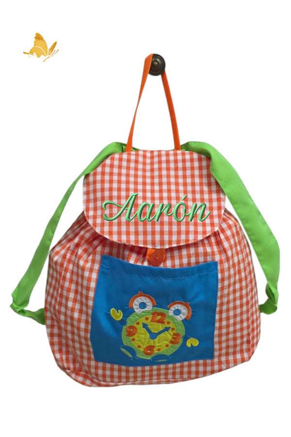 Mochila vichy naranja con nombre bordado en tapeta, bolsillo con reloj bordado, para guardería y colegio