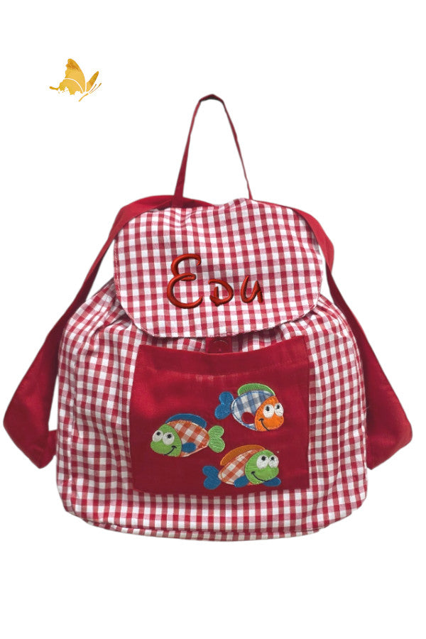 Mochila vichy roja con nombre bordado y peces en bolsillo, para guardería y colegio