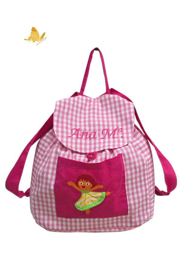 Mochila vichy rosa con nombre bordado y niña en bolsillo, para guardería y colegio