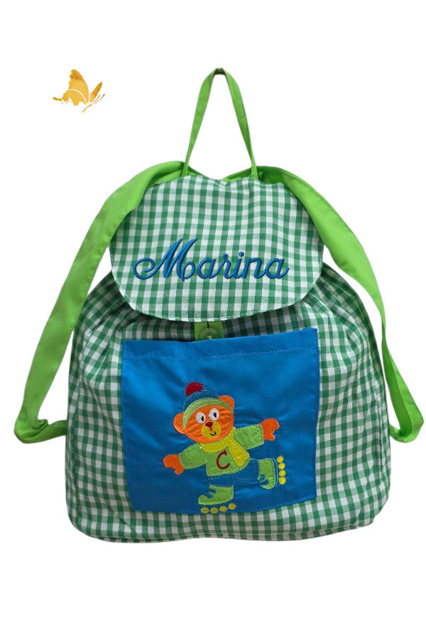 Mochila vichy verde con nombre bordado y osito en bolsillo, para guardería y colegio