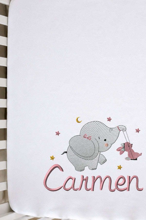 Sábana bajera ajustable bordada con elefante personalizada con nombre para guardería