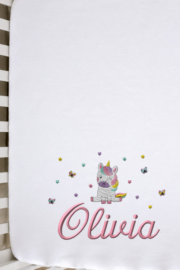 Sábana bajera ajustable bordada con unicornio personalizada con nombre para guardería